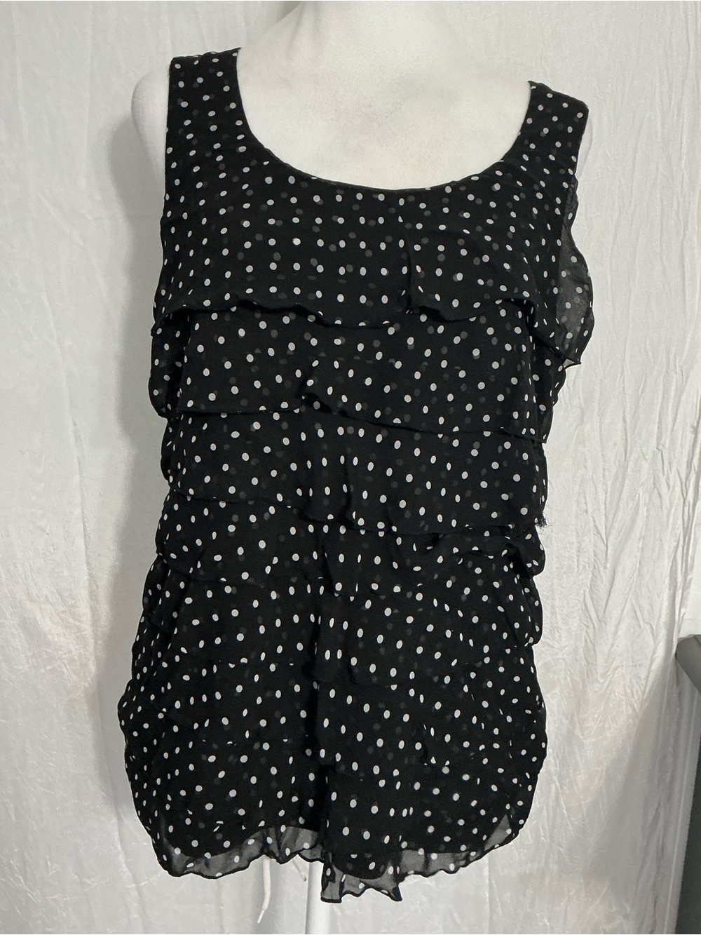 White House Black Market Black Polka Dot Ruffled Sleeveless Blouse